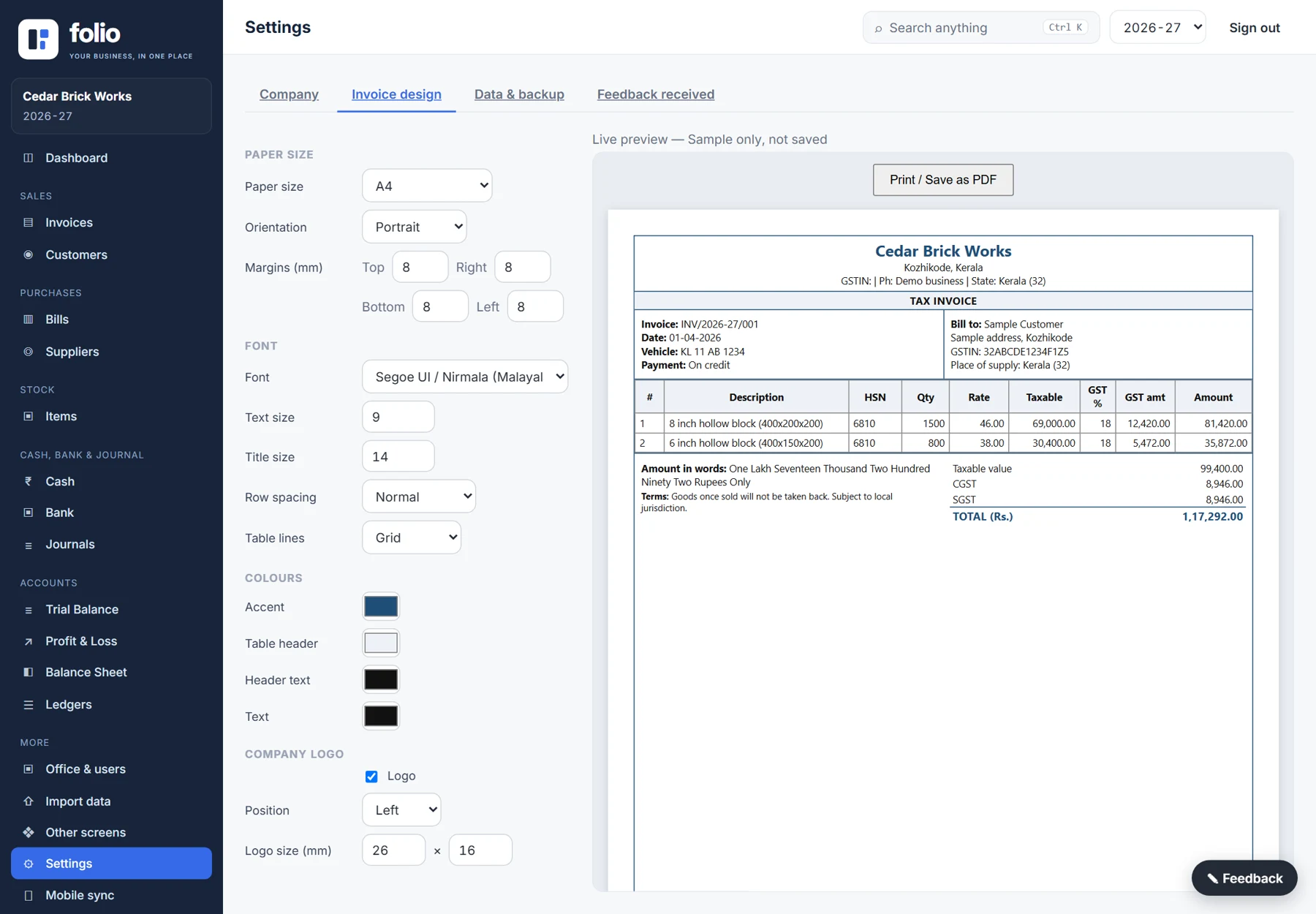 Folio A4 invoice layout and design settings