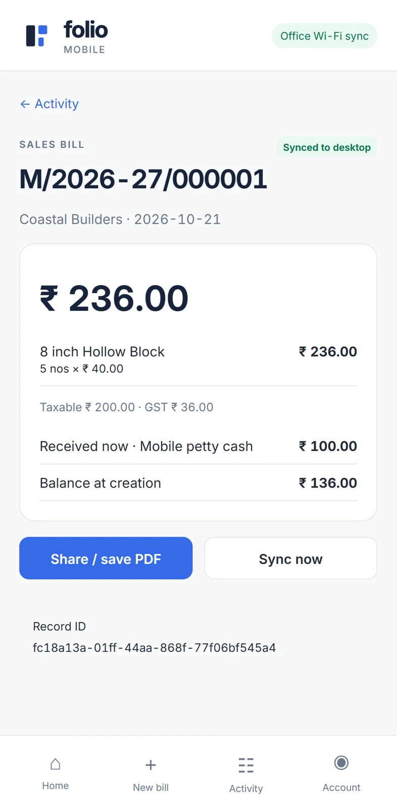 Folio Android sale detail showing received money, remaining balance and synced status