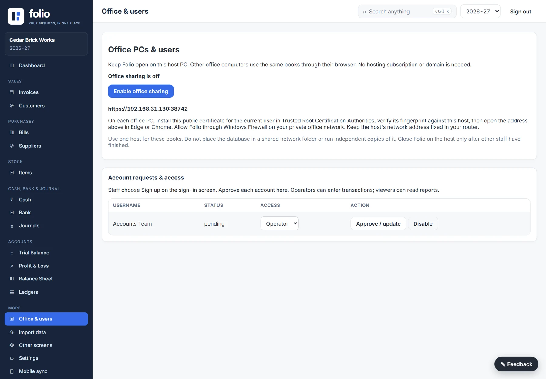 Folio office sharing and user approval settings